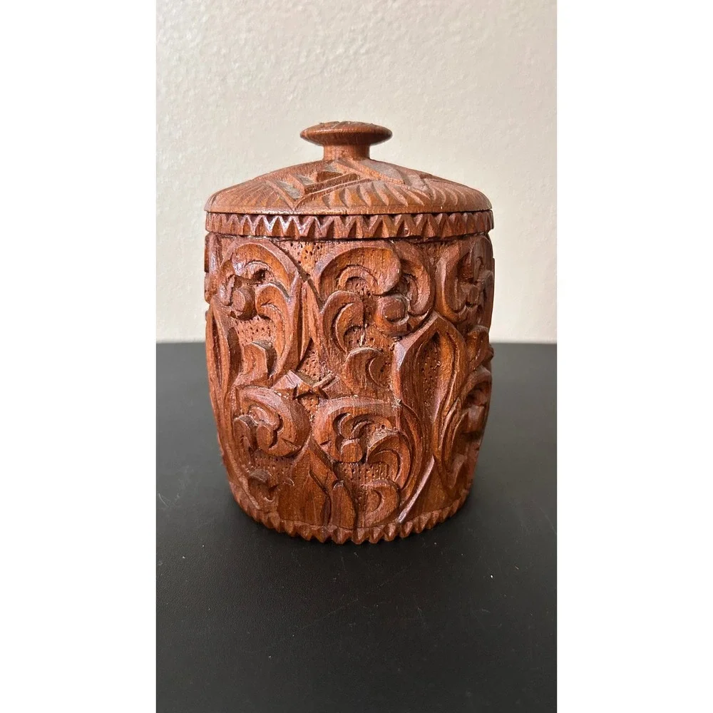 Vintage Thai Hand Carved Wood Coaster Set with Storage Canister 8 Piece Brown
